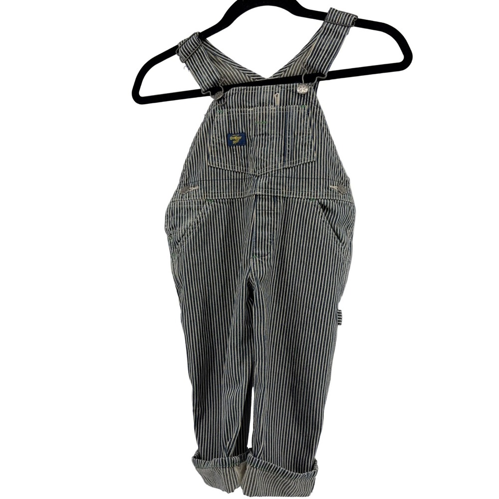 OshKosh B'gosh VESTBAK Blue White Pinstripe Denim Overalls Size 3T Train